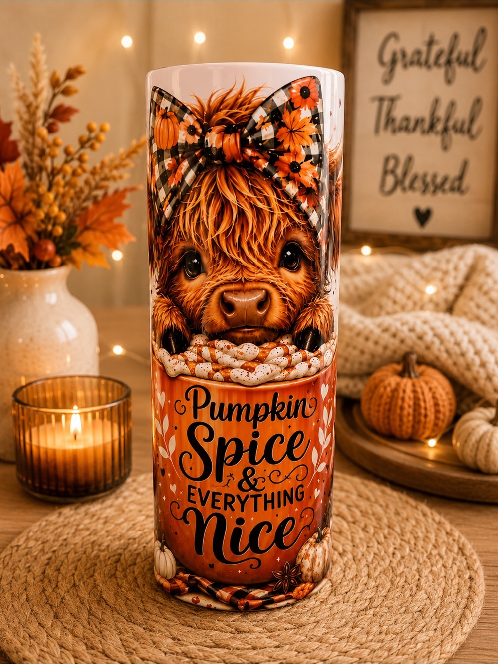 20oz Pumpkin Spice & Everything Nice Fall Tumbler - Cute Highland Cow